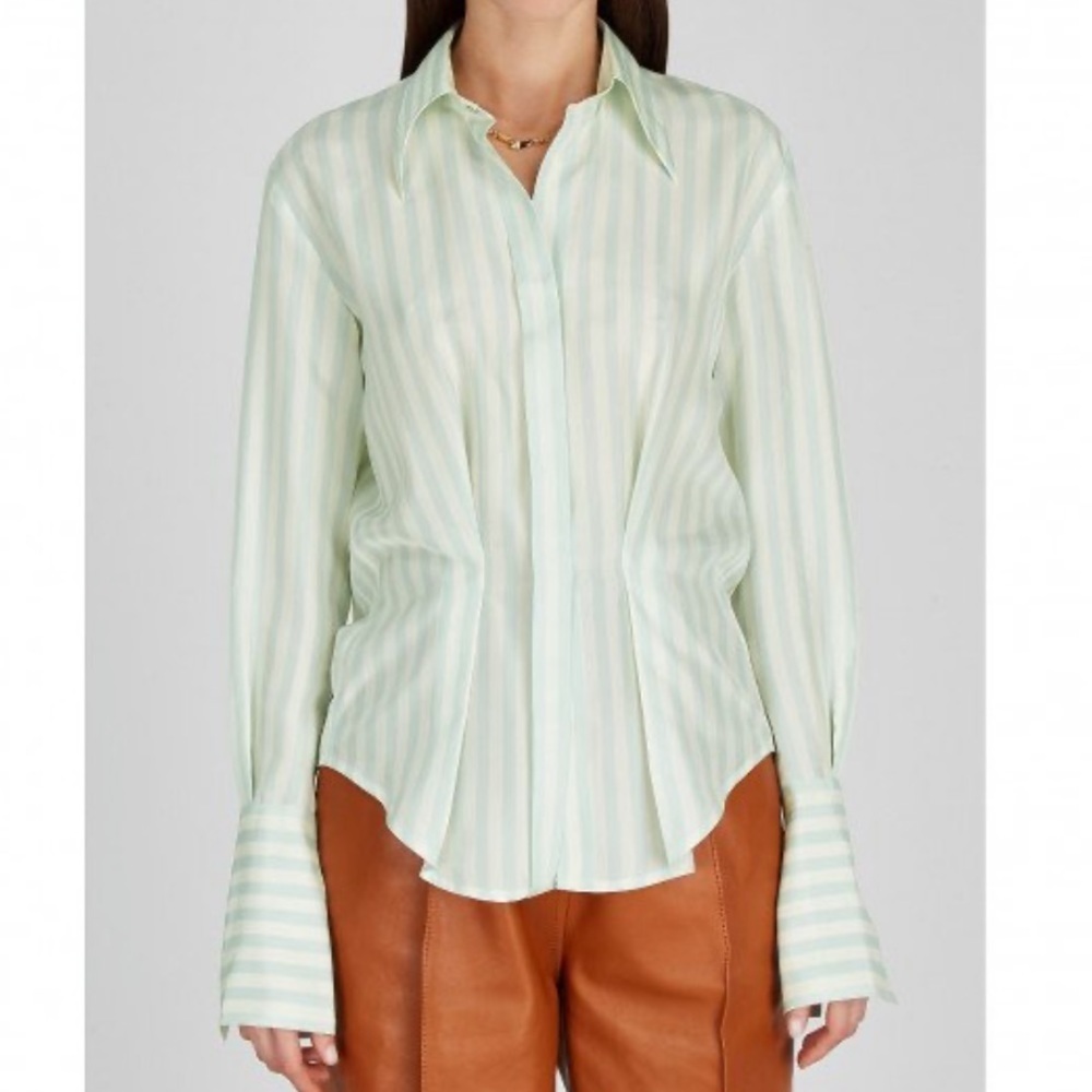 Petar Petrov Chablis Striped Silk Shirt pintuck pleated 36 button up collar